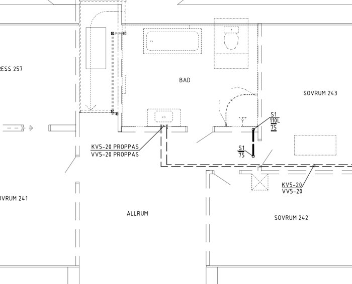 Arkitektonisk ritning av en bostadsplan inkluderar badrum, sovrum och allrum med måttangivelser och installationssymboler.