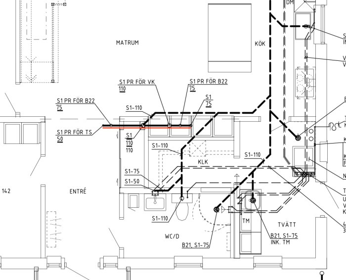 Detaljerad ritning av hemlayout, tekniska markeringar, strukturdiagram, övergripande svartvit design.