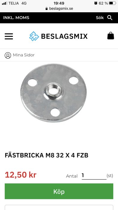 Skärmavbild av en webbsida som visar en produkt, en fästbricka, med pris och köpalternativ.