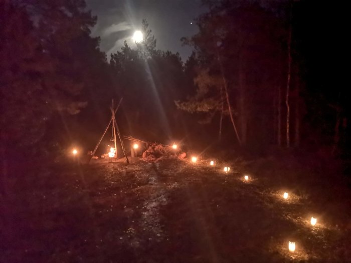 Månsken över en mörk skog med levande ljus och en eldplats, mystisk och atmosfärisk naturkväll.