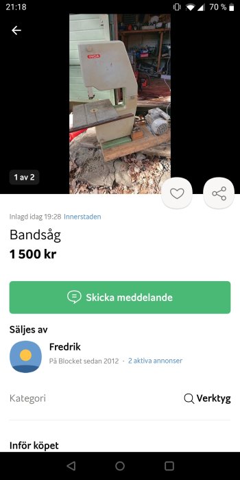 En skärmbild av en online-annons för en begagnad bandsåg till salu för 1500 kronor.