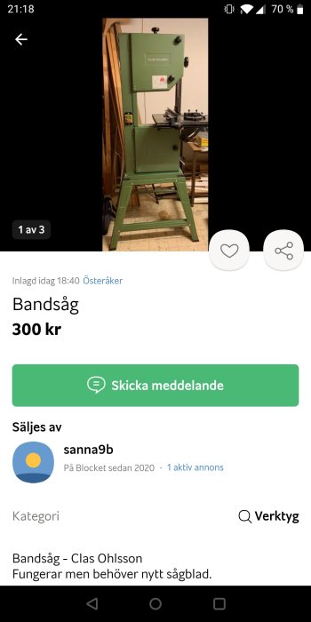 Grön bandsåg från Clas Ohlson till salu, behöver nytt sågblad, 300 kr, inne på online-marknadsplats.