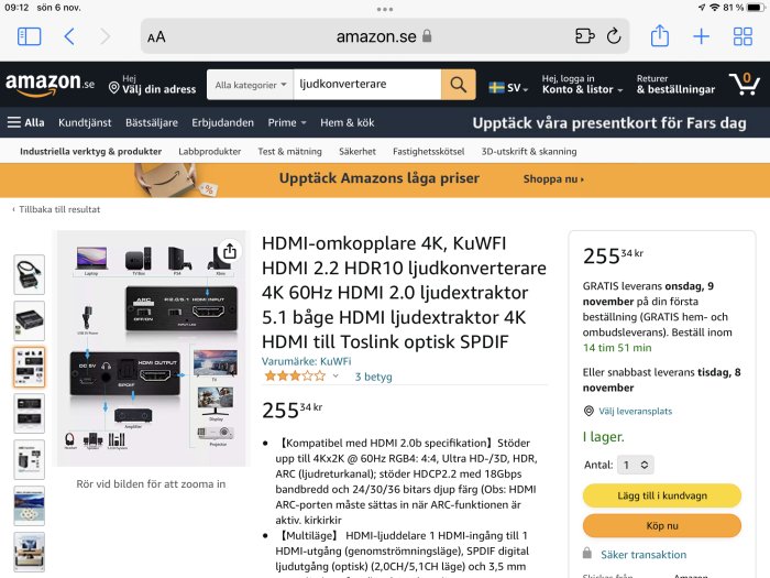 Skärmdump från en onlinebutik visar en HDMI-omkopplare och dess prisinformation på en surfplattskärm.