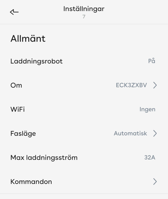 Skärmdump av inställningsmeny, troligen för en laddningsstation eller laddningsrobot, i en app.