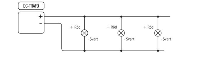 Elektriskt kopplingsschema med DC-trafo och tre lampor kopplade i parallell. Märkt med röd (+) och svart (-).