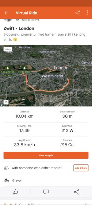 Skärmavbild av aktivitetssammanfattning: virtuell cykeltur i London, 10,04 km, 215 kalorier, 33,8 km/h snitthastighet.