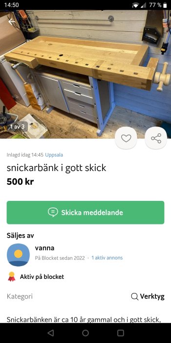 En snickarbänk till salu på en online-annonssida, begagnad men i bra skick.