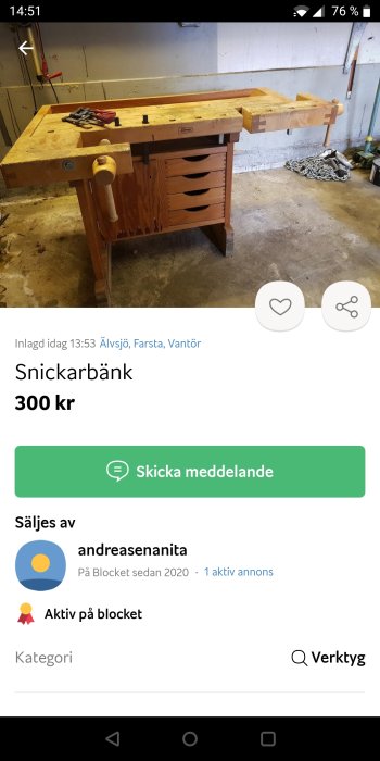 Annonssida visar snickarbänk till salu, trä, lådor, verktyg, begagnad, prissatt till 300 kronor.