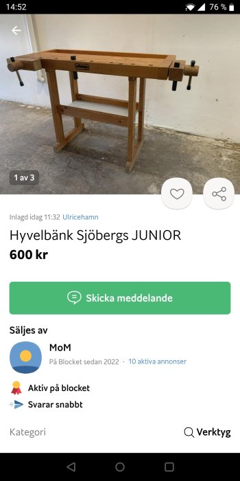 Hyvelbänk för försäljning, märke Sjöbergs JUNIOR, begagnad, 600 kronor, online-annons, Blocket plattform.