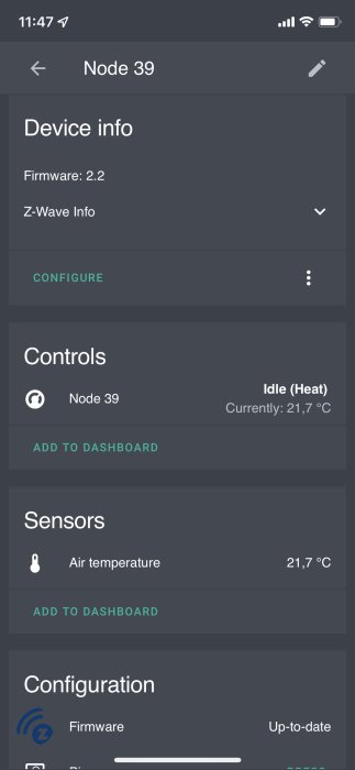 Skärmdump av en smart enhetskontrollapp visar temperatursensor med aktuell temperatur på 21,7°C.