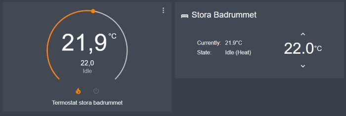 Digital termostatpanel för inomhustemperatur, inställd på 22,0 °C, visar aktuellt 21,9 °C, läge viloläge (värme).