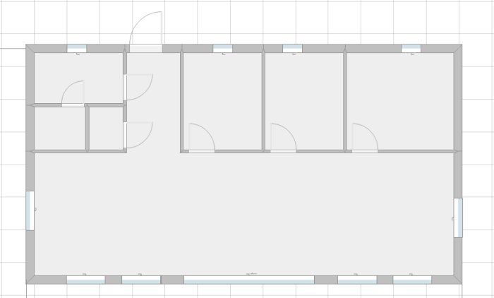 Ritning i gråskala som visar en översiktlig planlayout av ett rum med möbler och zoner markerade.