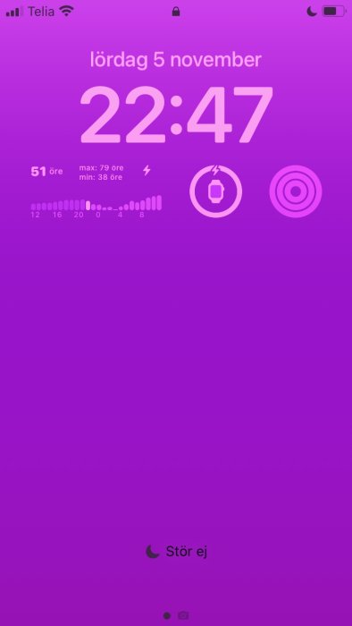 Lila låsskärm, tid och datum, batteristatus, "Stör ej" aktiverat, signalstyrka, låst symbol, laddningsindikator.