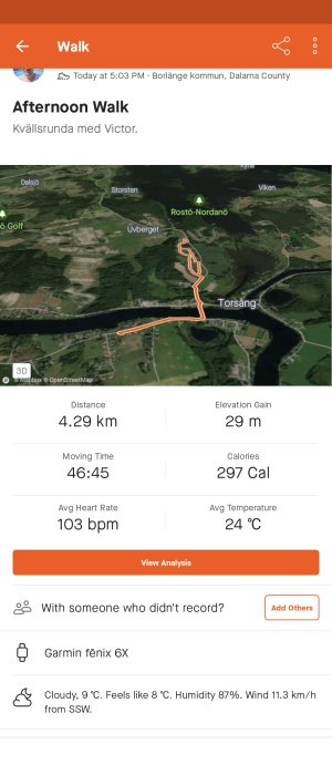 Skärmdump av träningsapp visar info om eftermiddagspromenad: sträcka, tid, puls, förbrukade kalorier, väderdata.