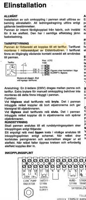 Svensk text om elinstallation och schema för kopplingsplint och tarifstyrning till panna.