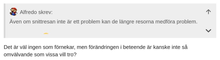 Skärmdump av forumdiskussion, två kommentarer om resor och beteendeförändring, användarnamnet "Alfredo" och ikon.