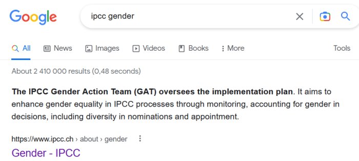 Google-sökresultatsida för "ipcc gender" visar information om IPCC:s arbete med jämställdhet.