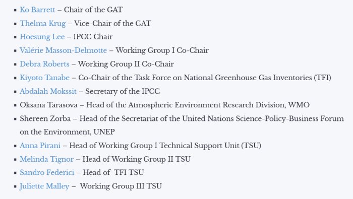 Textlista över IPCC-ledamöter och deras tjänster inom klimatförändringsorganisation.