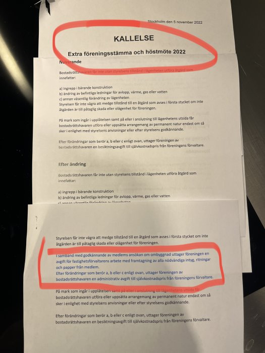 Kallelse till extrastämma, regeländringar för bostadsrättsinnehavare, administrativa avgifter, dokument från Stockholm, datummarkerat.