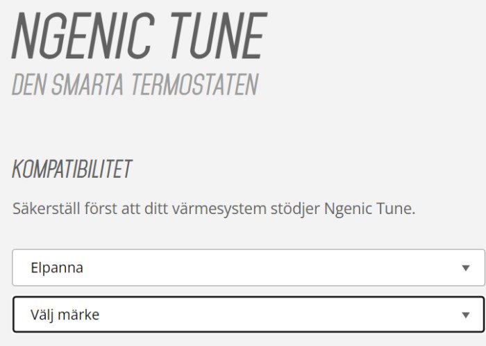 Skärmdump visar Ngenic Tune, en smart termostat, med kompatibilitetsinformation för värmesystem och val för elpanna och märke.