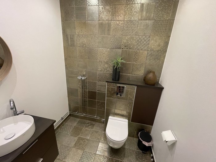 Modernt badrum med brun kakel, dusch, toalett, handfat, spegel och växtdetalj.