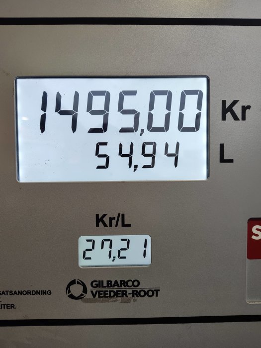 Bränslepumpdisplay visar pris 1495 kr för 54,94 liter, pris per liter 27,21 kronor.