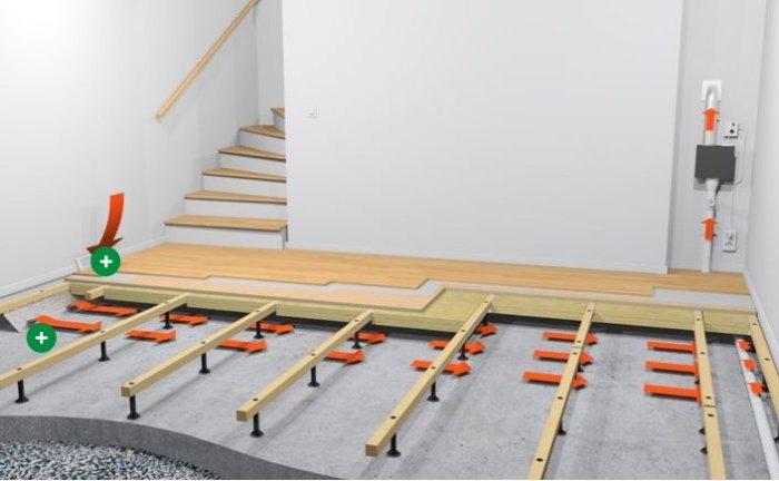 Installation av trägolv med verktyg och material vid trappan i ett modernt hem.