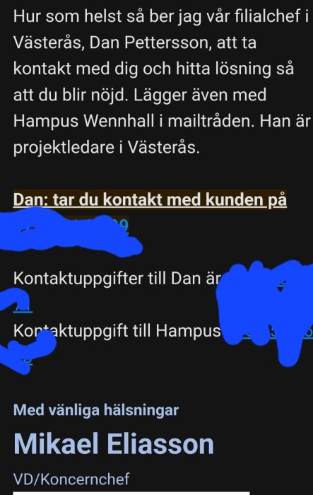 E-postkommunikation, kontakt begärs, namn, titlar, delvis maskerad text, affärssammanhang.