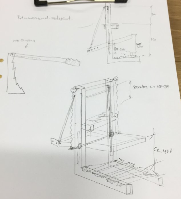 Skiss av konstruktion, möjlig idé eller design, med mått och anteckningar.