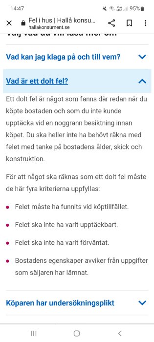 Skärmdump förklarar dolt fel vid husköp på konsumentrådgivningswebbplats.