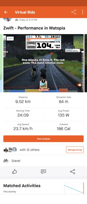 Skärmdump av en virtuell cykeltur genom Zwift, med statistik och träningsdata som avstånd och kaloriförbrukning.