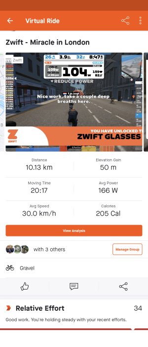 Zwift träningsskärmdump; cykeltur - 10.13 km, London, tid, hastighet och kalorier visas; motiverande meddelande; låsta glasögon belöning.