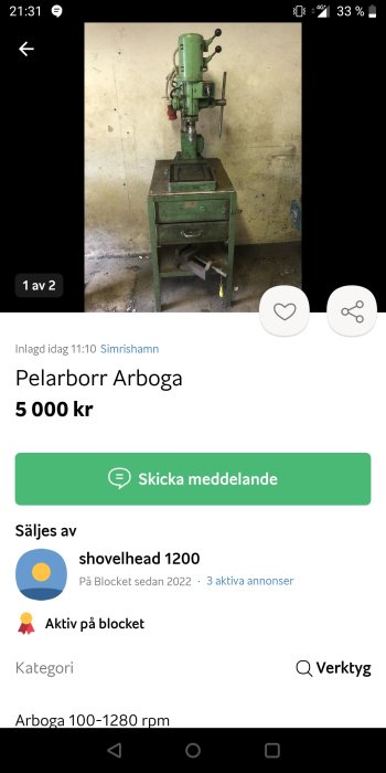 Gammal pelarborr Arboga till salu på Blocket, grön, använd, i arbetslokal, 5000 kr.