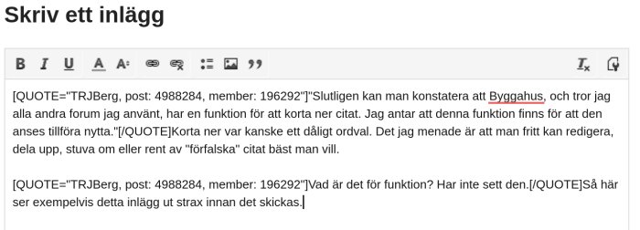 Skärmdump av ett foruminlägg med textredigeringsverktyg och citerad text.