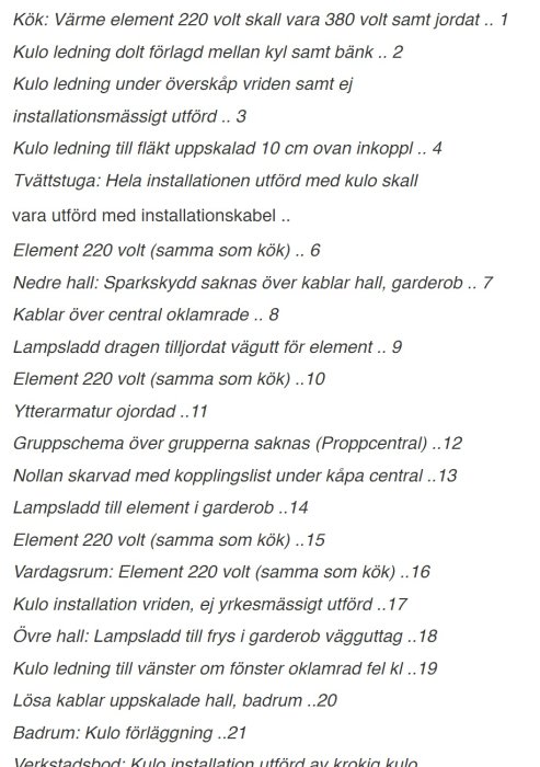 Textlista över elproblem i en fastighet, innefattar fel på installation och utrustning.