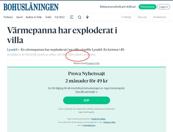 Svensk nyhetsartikel om explosion av värmepanna i villa. Prenumerationserbjudande och inloggning uppmaning syns också.