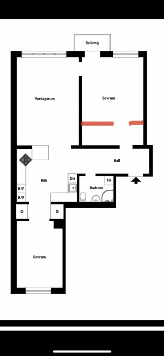 Ritning av en lägenhet med två sovrum, kök, vardagsrum, badrum, hall, balkong. Svartvit.