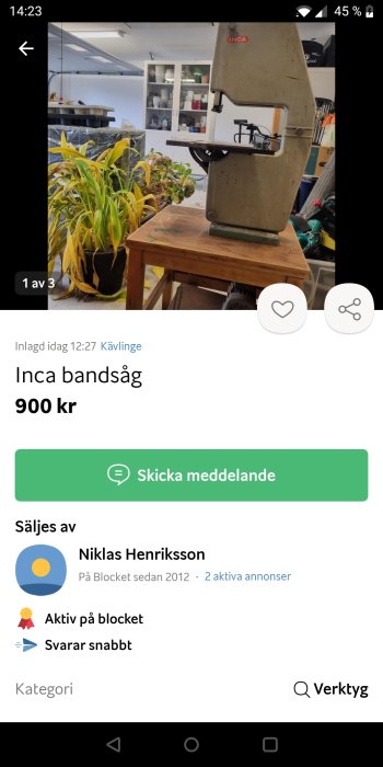 En bandsåg av märket INCA till salu för 900 SEK på en köp-och-sälj-plattform.