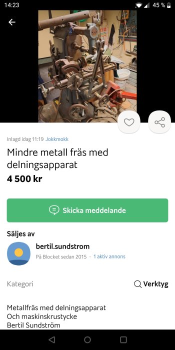 Annonssida visar metallfräs med delningsapparat till salu för 4500 kronor i verktygskategori.