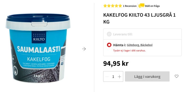 Blå hink med Kiilto fogmassa, ljusgrå färg, 1 kg, online shop, pris 94,95 kr.