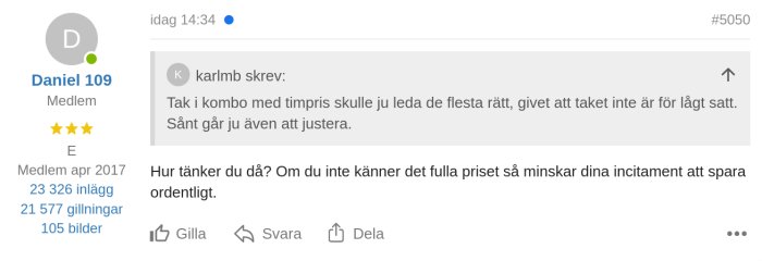 Foruminlägg med användare som diskuterar, profil med aktivitetsinformation synlig.