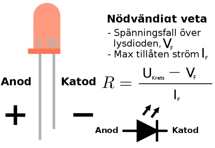 LED, anod, katod, elektriskt schema, beräkning av resistor, spänningsfall, maxström, elektronikkomponenter.