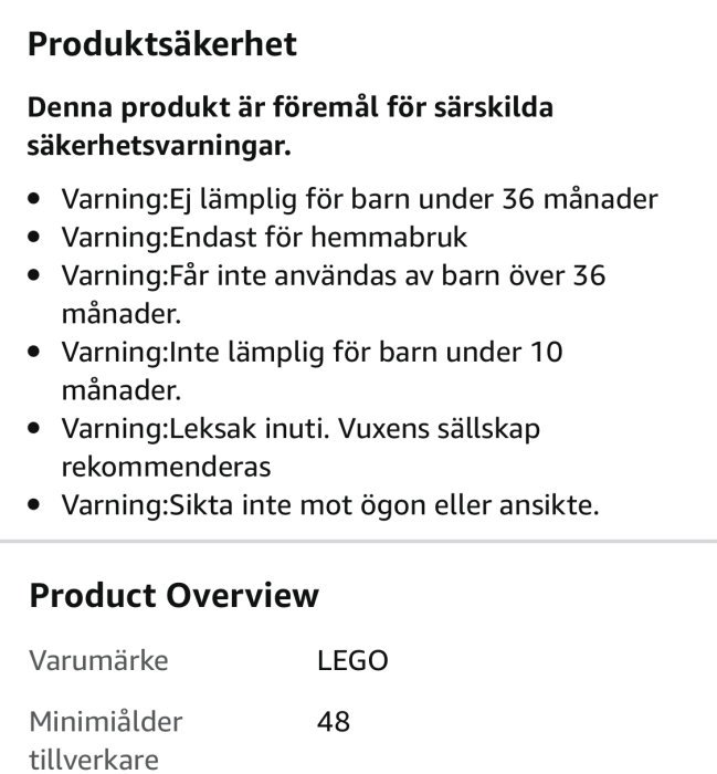 Text om säkerhetsvarningar för en leksak; inte för barn under 36 månader, hemmabruk, vuxens närvaro rekommenderas.