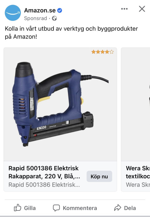 Elektrisk häftapparat i blått och svart, Amazon.se annons, fem stjärnor, "Köp nu"-knapp.