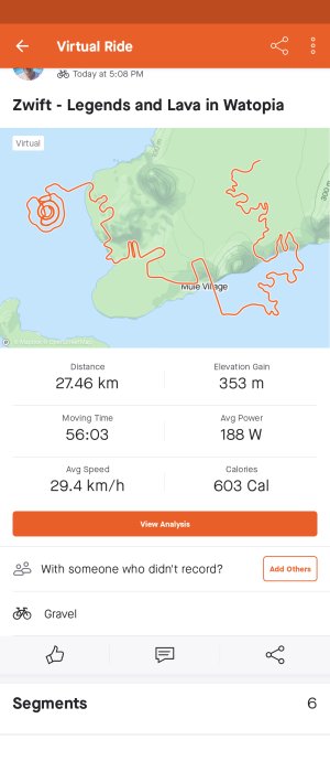 Skärmavbild av en virtuell cykeltur på Zwift med karta, distans, tid, hastighet och kaloriförbrukning.