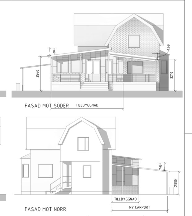 Ritningar av husfasader med måttangivelser, tillbyggnad och ny carport, syd och nord vy.