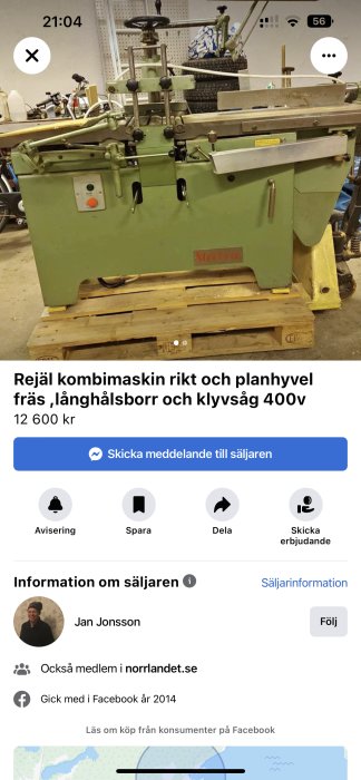 Verkstad med kombinationsmaskin för träbearbetning till salu på online marknadsplats.