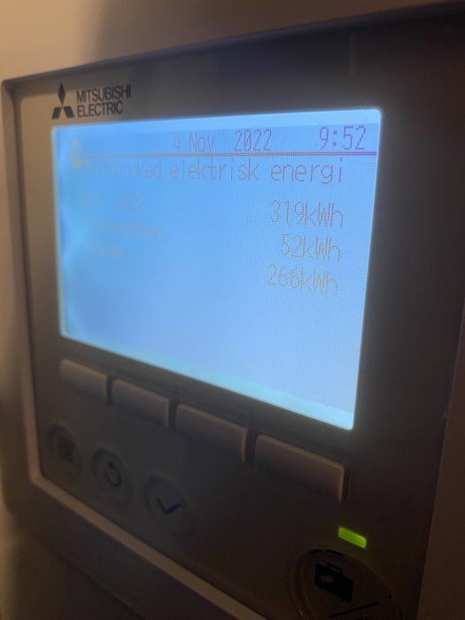 En display visar elförbrukning på svenska "Förbrukad elektrisk energi" från Mitsubishi Electric. Datum och klockslag syns.