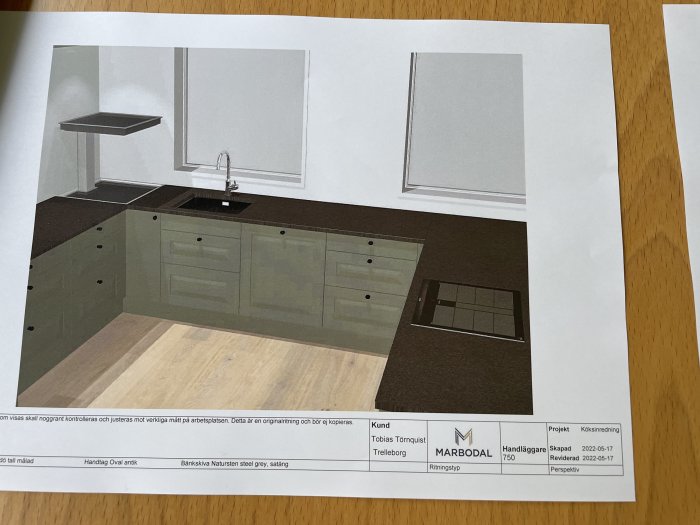 Köksskiss med skåp, bänkskiva, diskho, fönster, och fläkt på ett papper, datummärkt och med företagslogotyp.