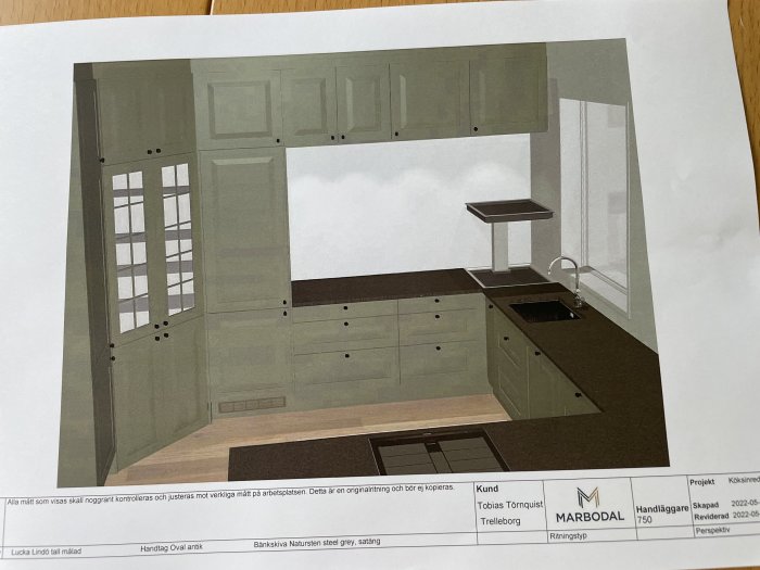 3D-rendering av köksdesign i gröna skåp, bruna bänkskivor, ovala handtag, ljusinsläpp från fönster.